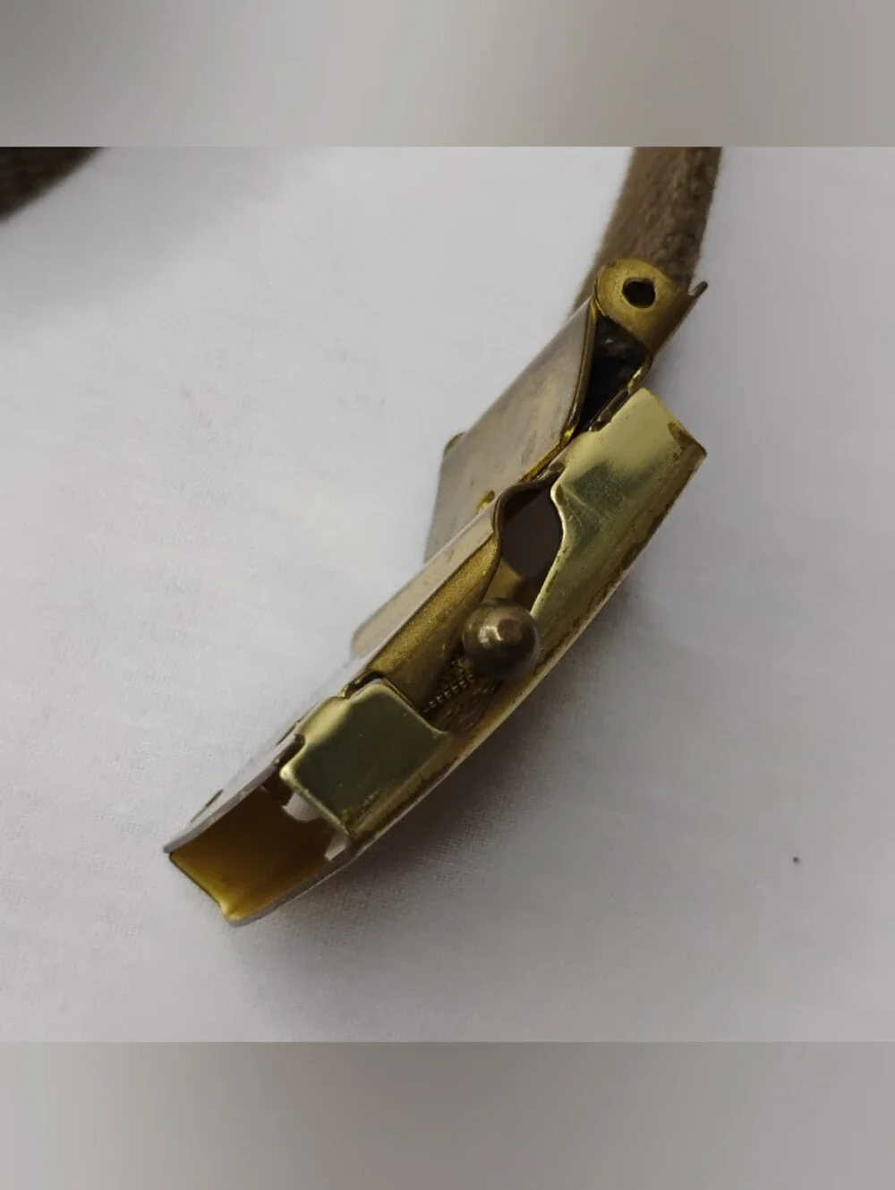Vintage 70s 80s Women's Brown Belt Brass Friction Buckle fleur-de-lis Boy Scouts